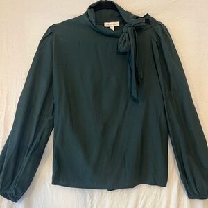 Prologue Dark green women’s blouse with tie around neckline long sleeves size s